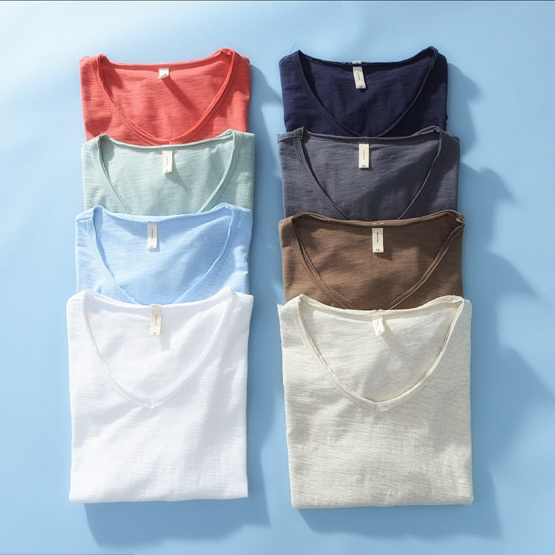 Men's V-Neck T-Shirt – Linen Cotton Blend with a Breathable Slim Fit
