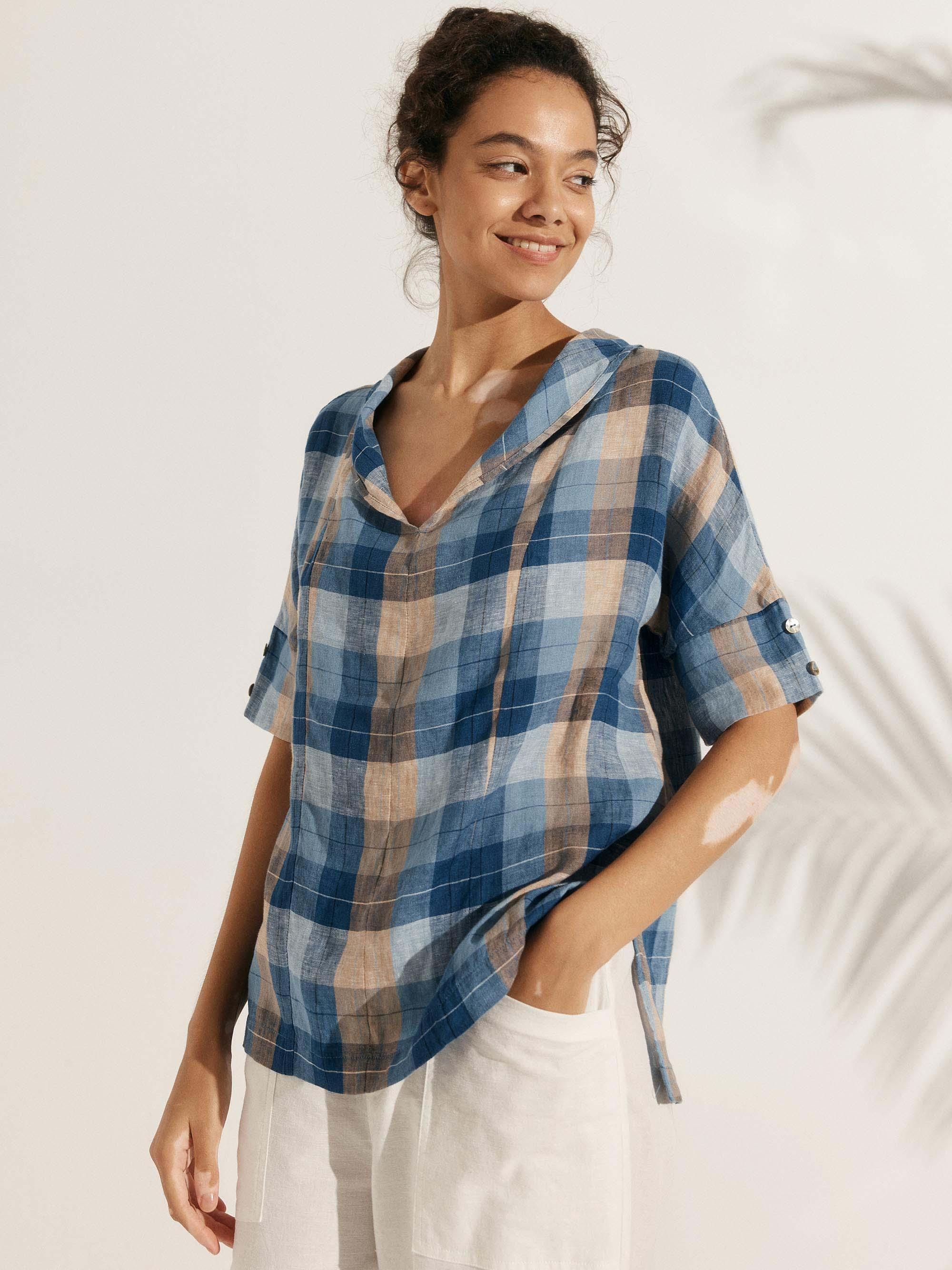 Chemise en lin aérée à col en V pour femmes | Haut d'été décontracté à manches courtes