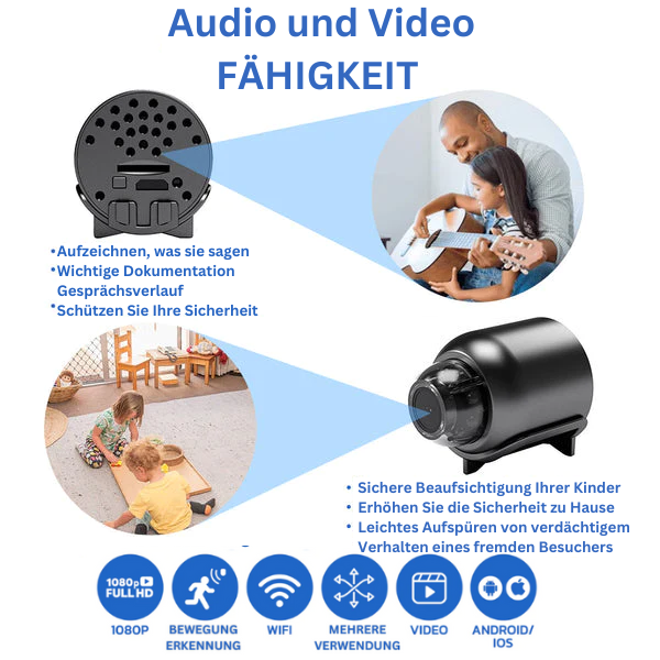 Mini caméra de sécurité – Moniteur Full HD compact avec objectif grand angle et alertes de mouvement intelligentes