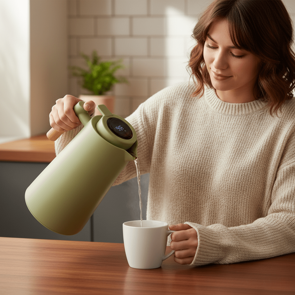 Thermal Carafe – Double-Wall Insulation, Lid Temperature Display & Wooden Handle