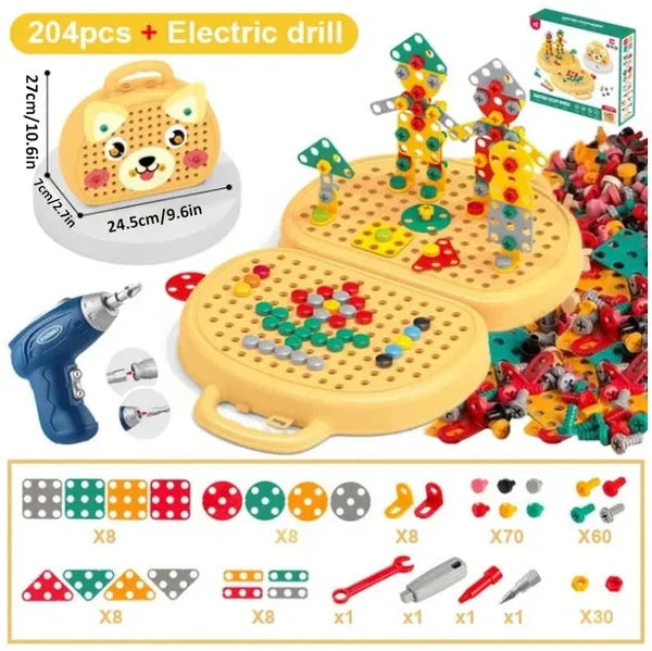 Boîte de jouets de construction Montessori – Ensemble créatif avec perceuse électrique jouet et boîte de rangement