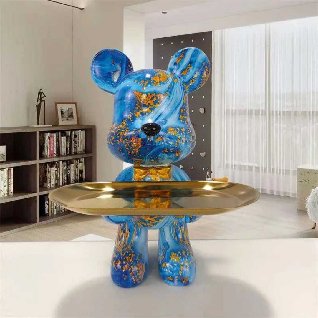 Figurine d’ours moderne bleue et dorée avec style décoratif luxueux pour intérieurs contemporains