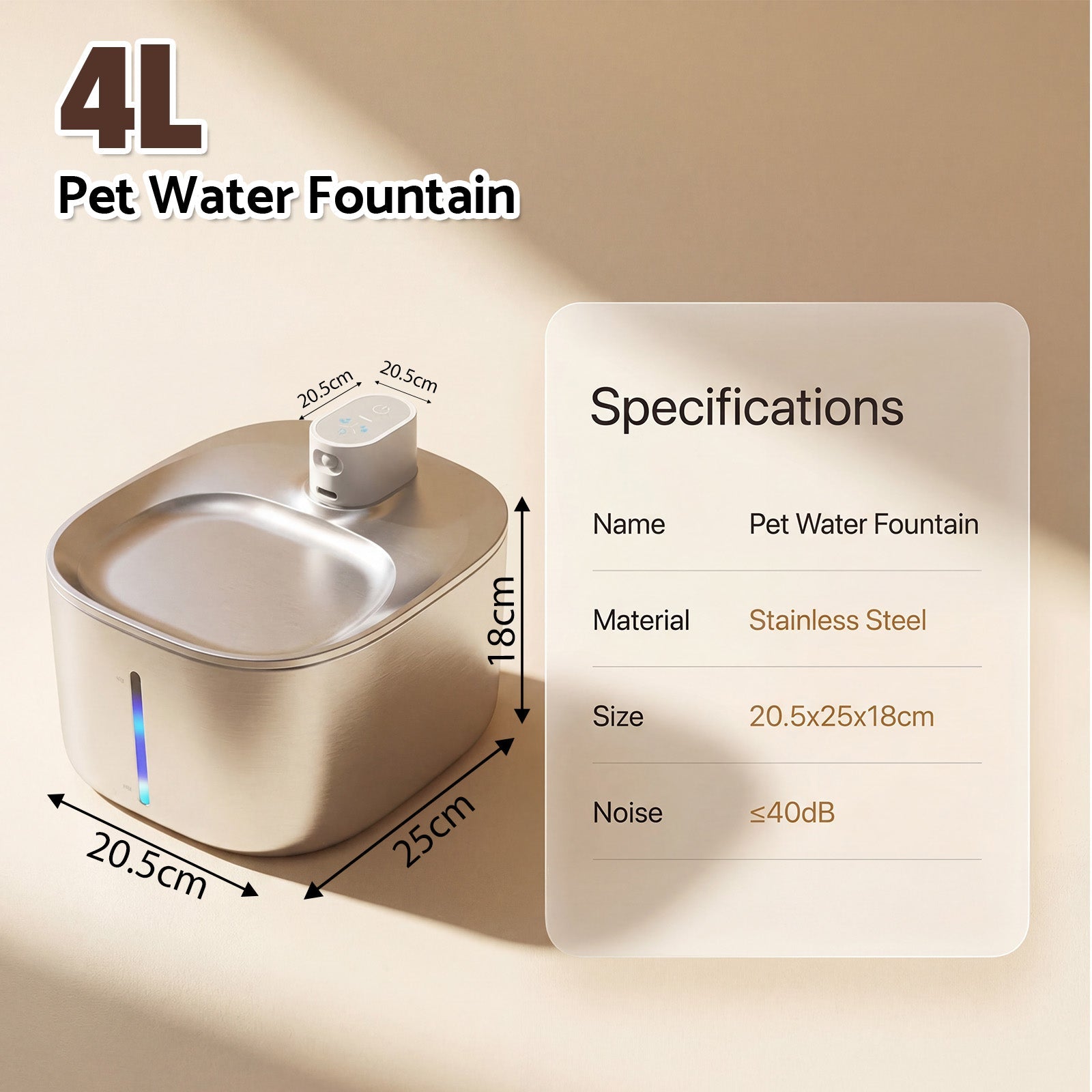 4L Cat Water Fountain with Stainless Steel Bowl, Dual Power Modes & Quiet Pump 7