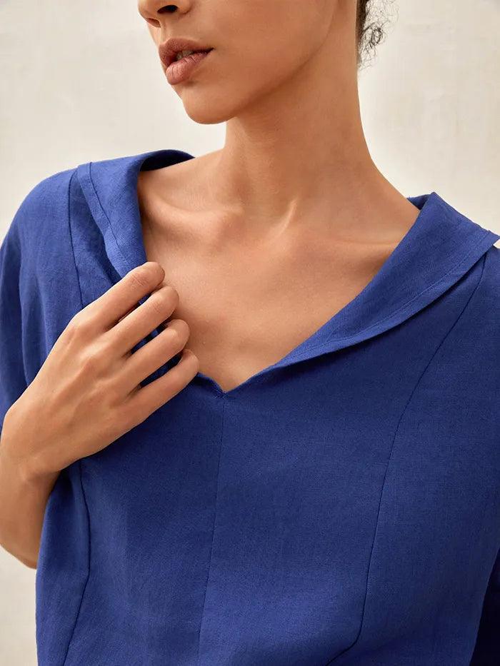 Chemise en lin aérée à col en V pour femmes | Haut d'été décontracté à manches courtes