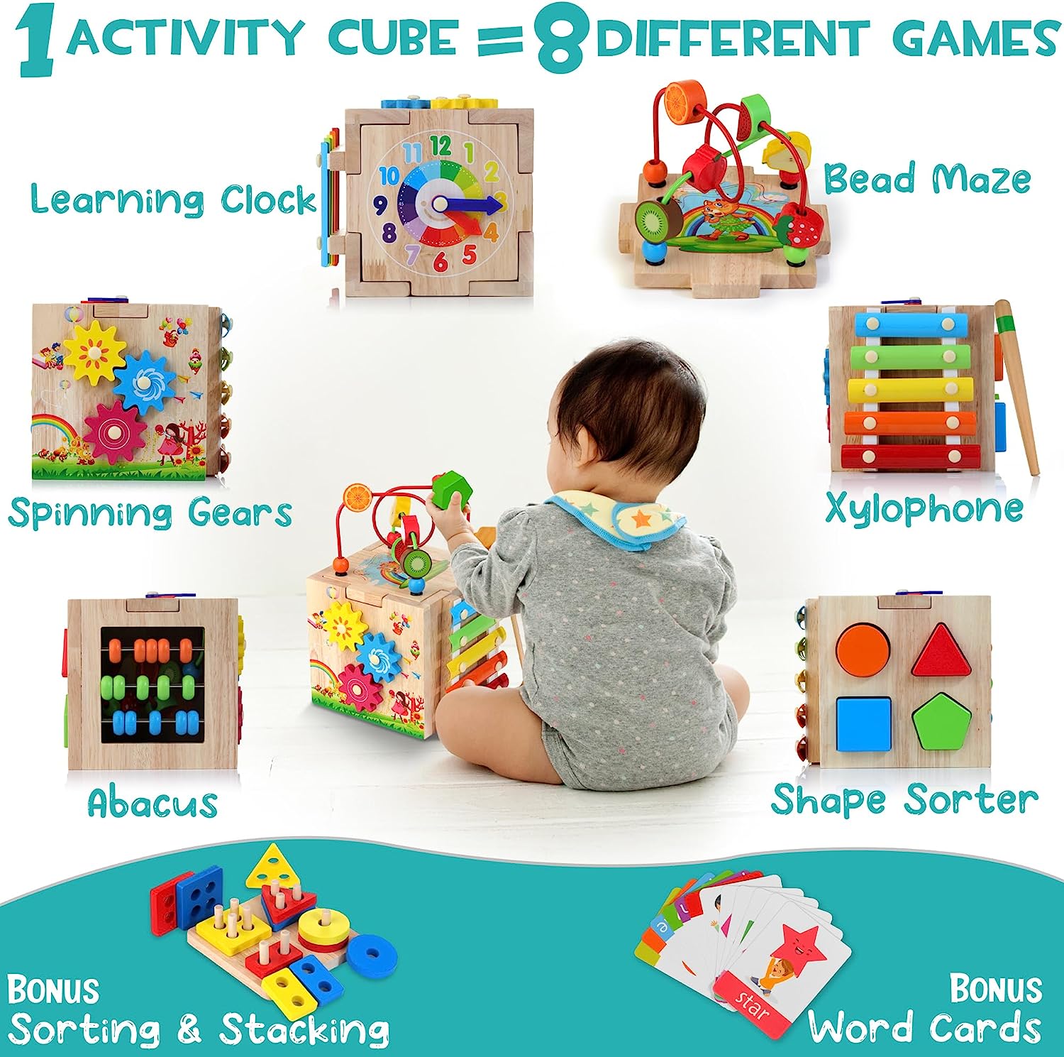 Cube d’Activités Montessori 8-en-1 – Jouet Éducatif en Bois pour Tout-Petits dès 18 Mois