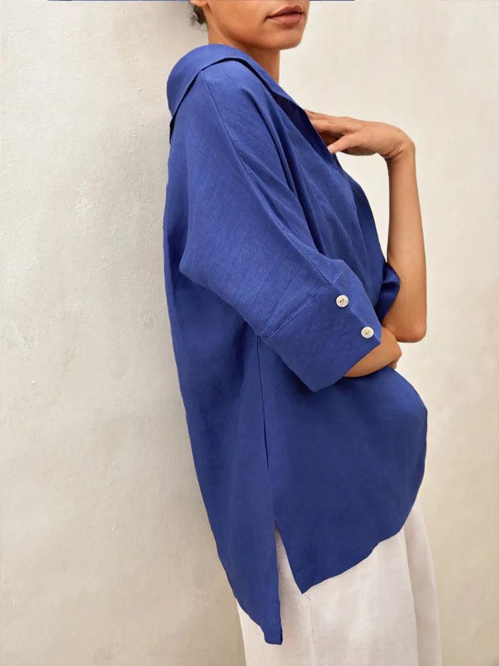 Chemise en lin aérée à col en V pour femmes | Haut d'été décontracté à manches courtes