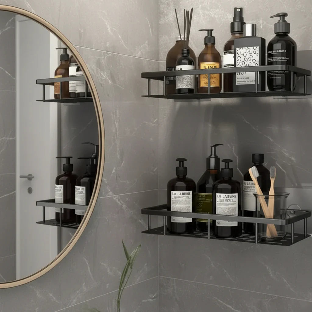 Adhesive Bathroom Shelf Drill-Free ABS Plastic Stainless Steel 5kg Load 7