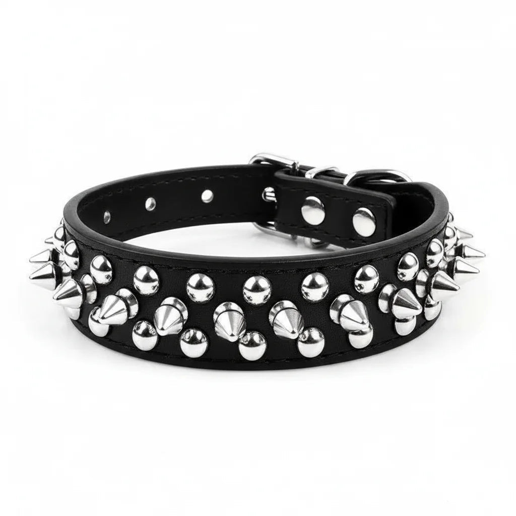 Adjustable Spike Dog Collar and Leash Set for Strong Breeds – Durable Faux Leather 1