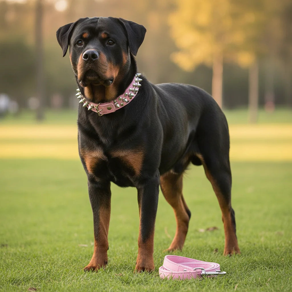 Adjustable Spike Dog Collar and Leash Set for Strong Breeds – Durable Faux Leather 3