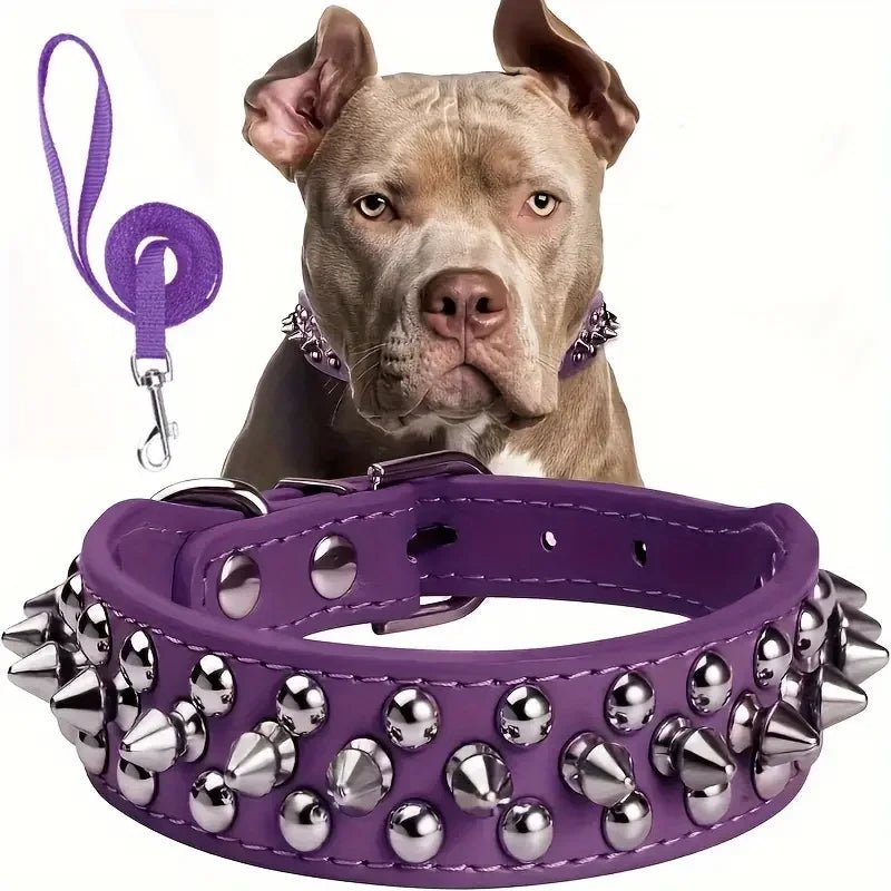 Adjustable Spike Dog Collar and Leash Set for Strong Breeds – Durable Faux Leather 7