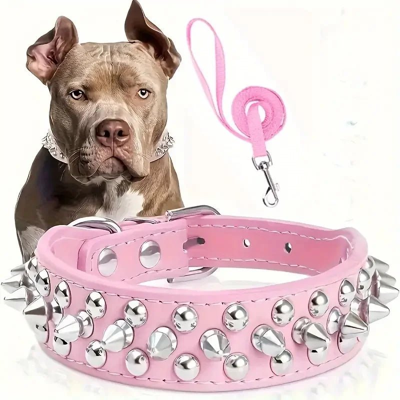 Adjustable Spike Dog Collar and Leash Set for Strong Breeds – Durable Faux Leather 8