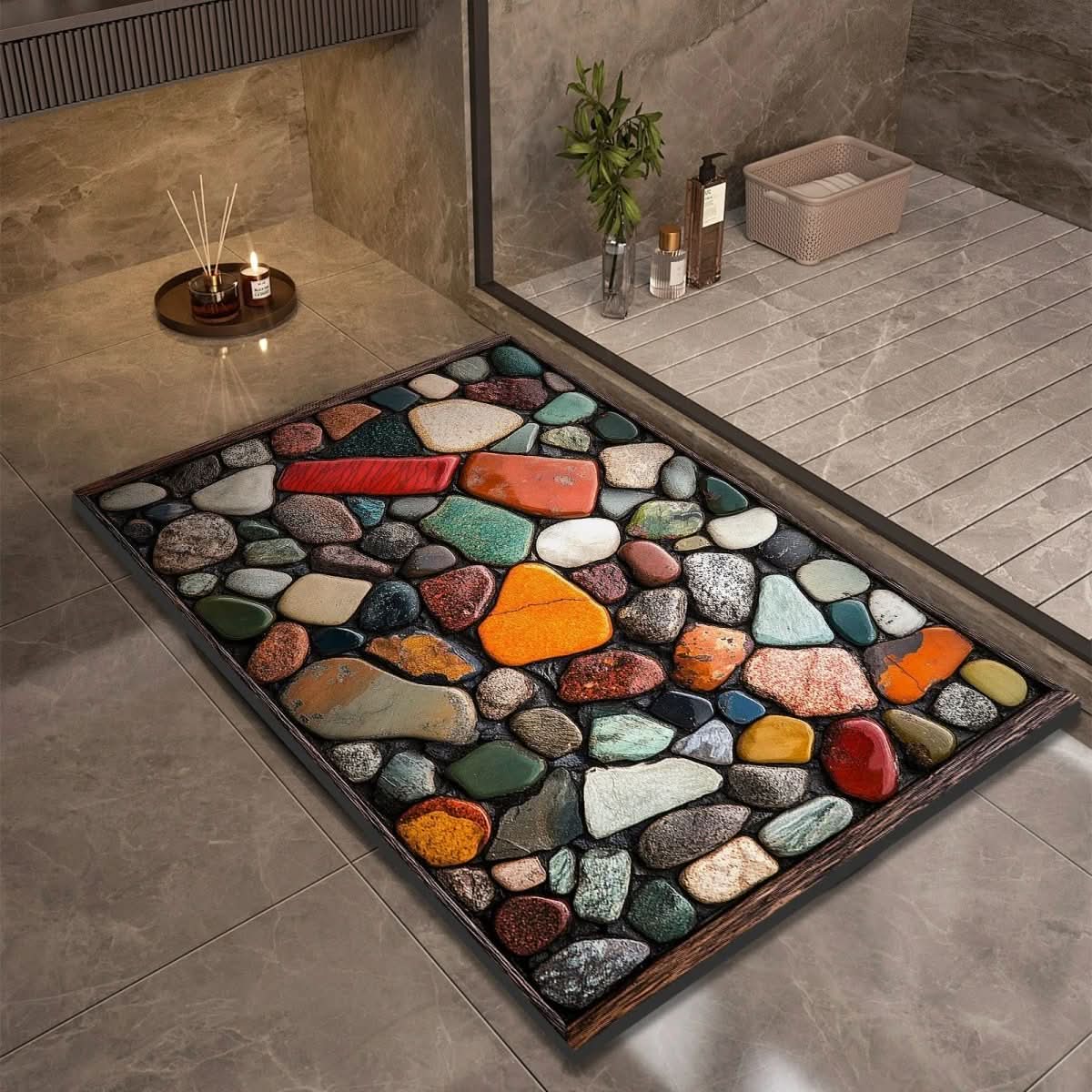 Tapis de salle de bain – Aspect pierre à séchage rapide, haute absorbance et base en caoutchouc antidérapante