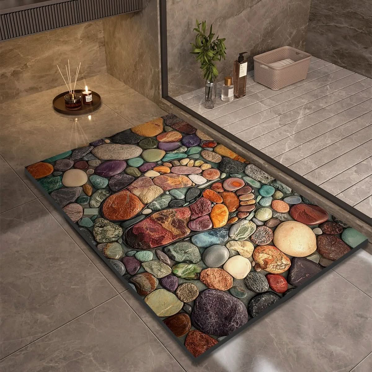Tapis de salle de bain – Aspect pierre à séchage rapide, haute absorbance et base en caoutchouc antidérapante