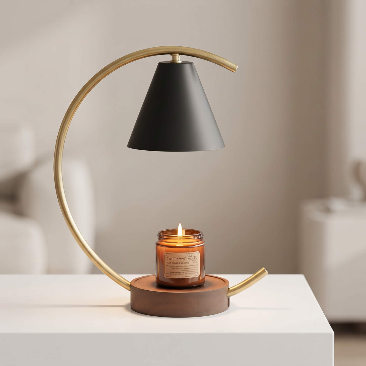 Arc Candle Warmer Lamp with Timer, Matte Black Shade & Brushed Gold Stand, Flameless Candle Heater Light 1