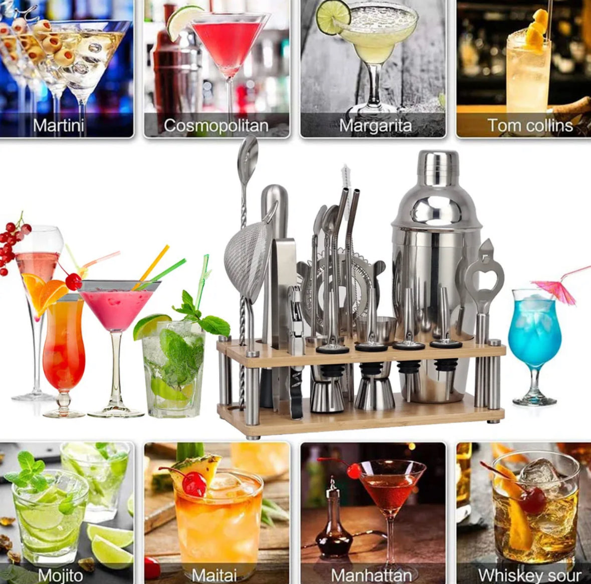 Set de barman 23 pièces – Outils professionnels pour cocktails avec capacité de 350 à 750 ml et construction durable