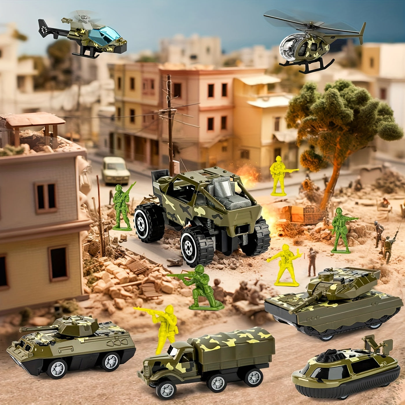 Set de Jeu Militaire 14-en-1 – Ensemble Complet de Jouets avec Véhicules, Soldats & Effets Sonores