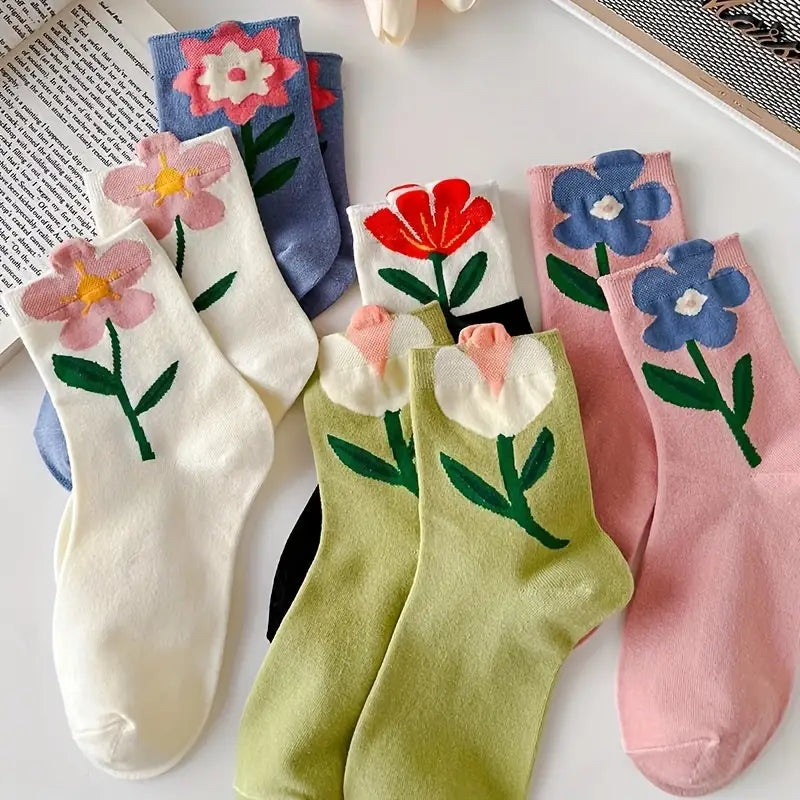 Bloom Floral Socks Set – Premium Cotton Blend, Mid-Calf Length, 5 Pairs 0