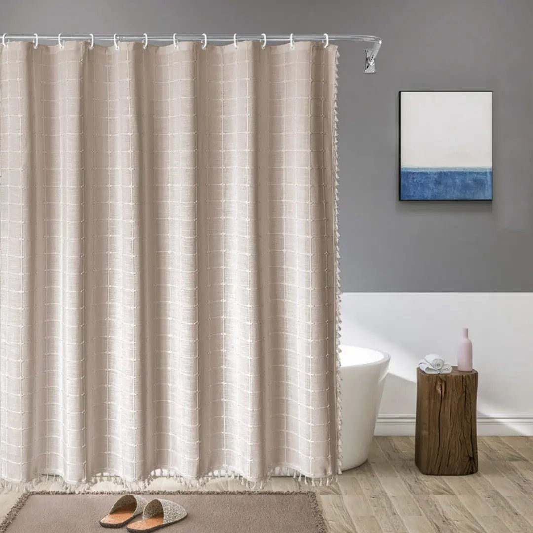 Bohemian Linen Shower Curtain with Waterproof Coating and Tassels, Includes Curtain Hooks 1