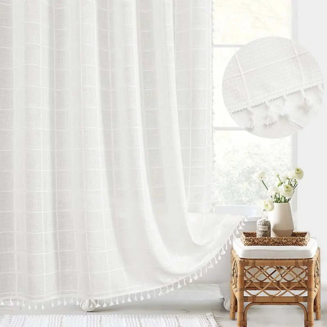 Bohemian Linen Shower Curtain with Waterproof Coating and Tassels, Includes Curtain Hooks 4