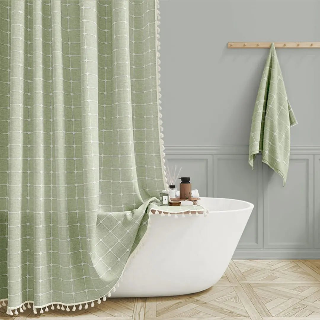 Bohemian Linen Shower Curtain with Waterproof Coating and Tassels, Includes Curtain Hooks 5