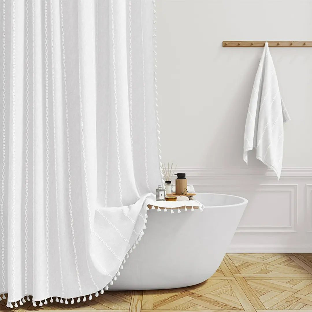 Bohemian Linen Shower Curtain with Waterproof Coating and Tassels, Includes Curtain Hooks 6
