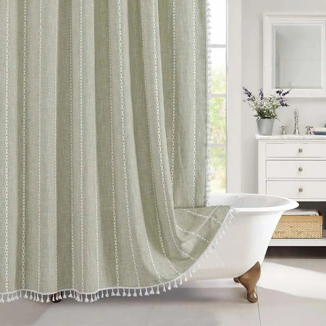 Bohemian Linen Shower Curtain with Waterproof Coating and Tassels, Includes Curtain Hooks 7
