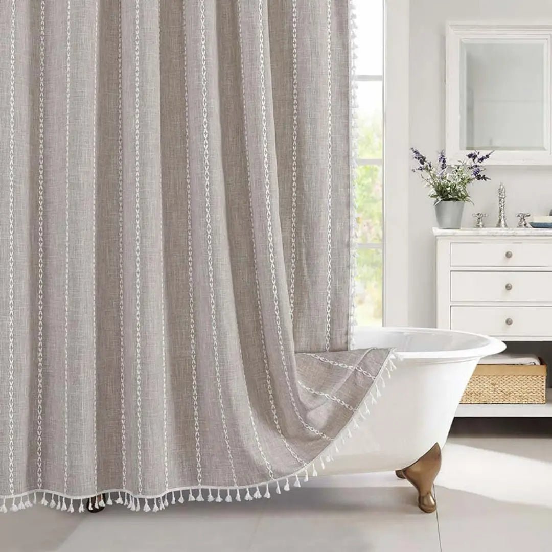 Bohemian Linen Shower Curtain with Waterproof Coating and Tassels, Includes Curtain Hooks 8