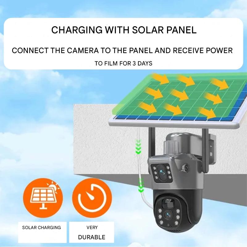 Système de caméra sans fil 4K – Design à double lentille, contrôle à 360° et alimentation solaire
