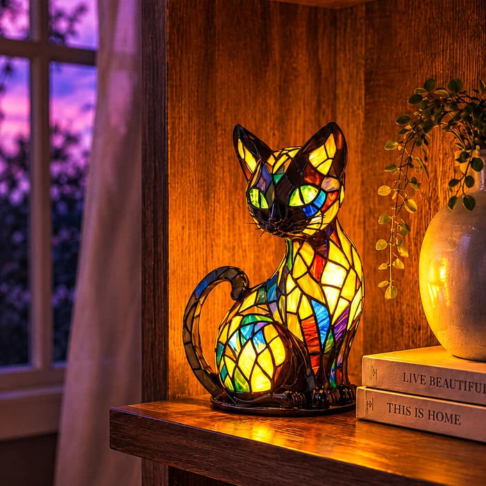 Stained Glass Cat Lamp – Decorative Table Light with a Warm Multicolor Glow