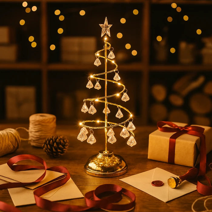 Spiral Christmas Tree Lamp – Tabletop Light with Crystal-Style Ornaments