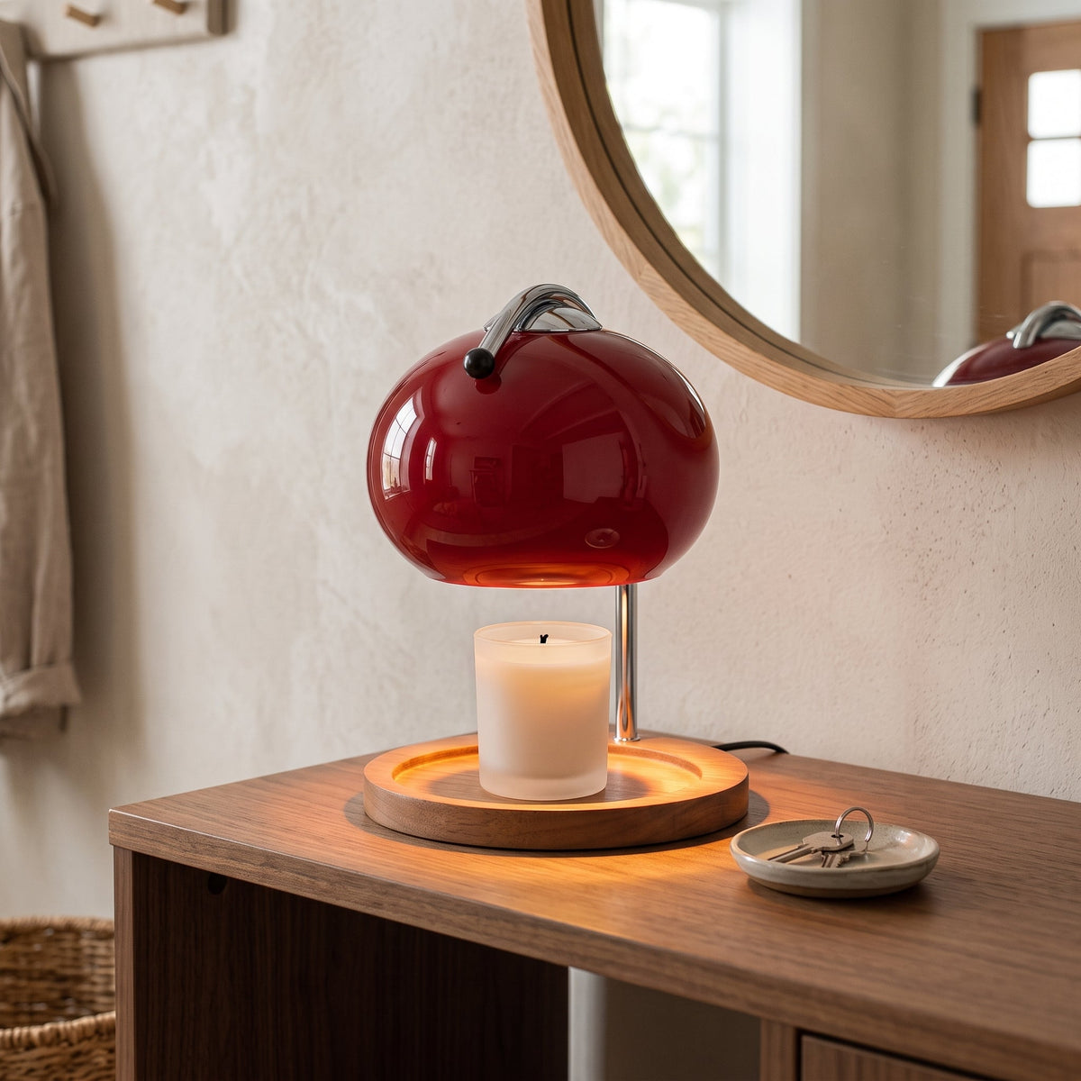 Candle Warmer Lamp with Amber Red Glass Dome & Wood Valet Tray Base 2