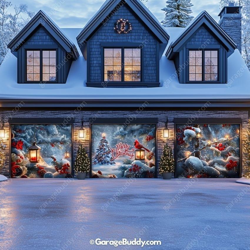 Christmas Garage Door Cover with Cardinals, Winter Scene, Easy Installation 7