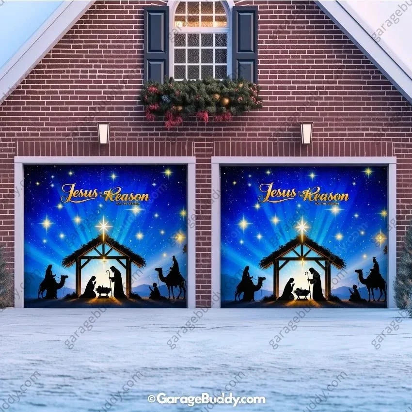 Christmas Garage Door Cover with Jesus Is the Reason Nativity Scene Glow Design 12