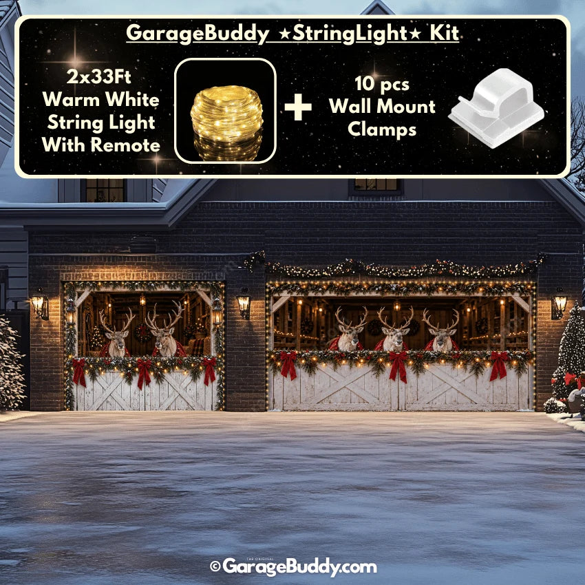 Christmas Garage Door Cover with Reindeer Barn Design and Festive Lights 11