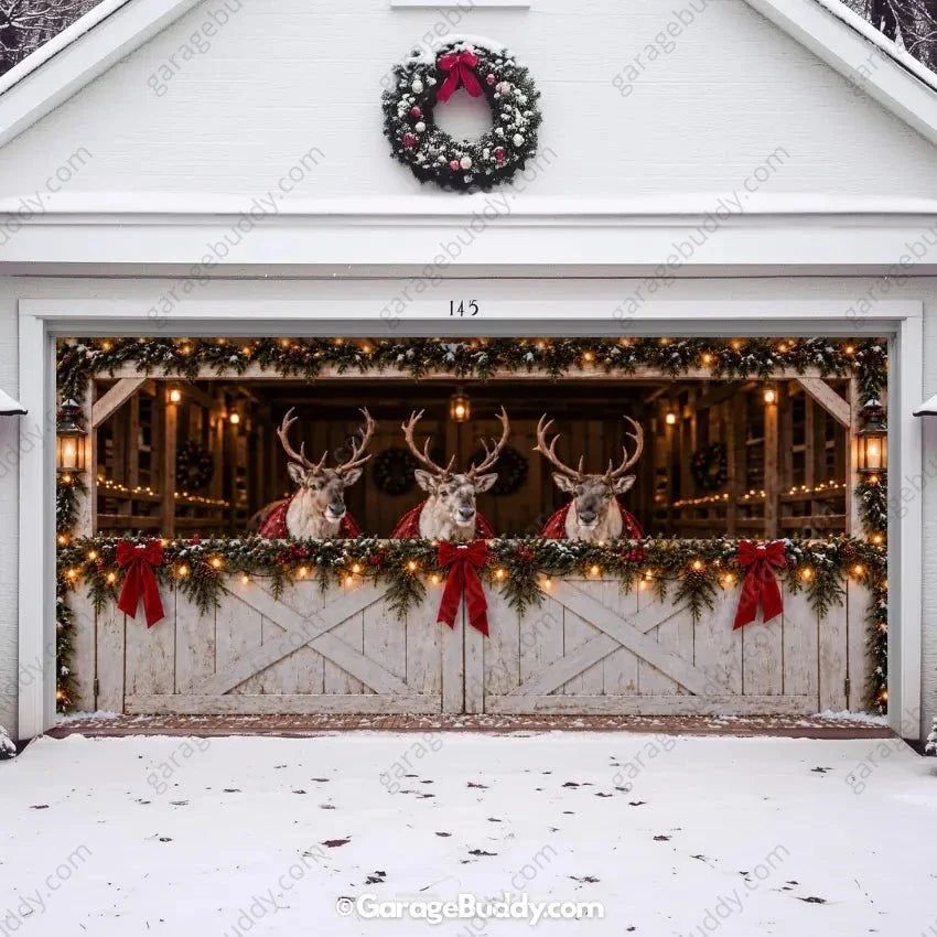 Christmas Garage Door Cover with Reindeer Barn Design and Festive Lights 6