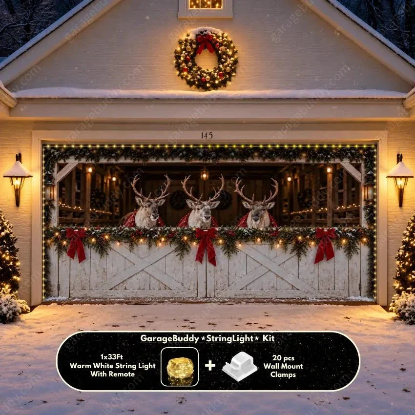 Christmas Garage Door Cover with Reindeer Barn Design and Festive Lights 9