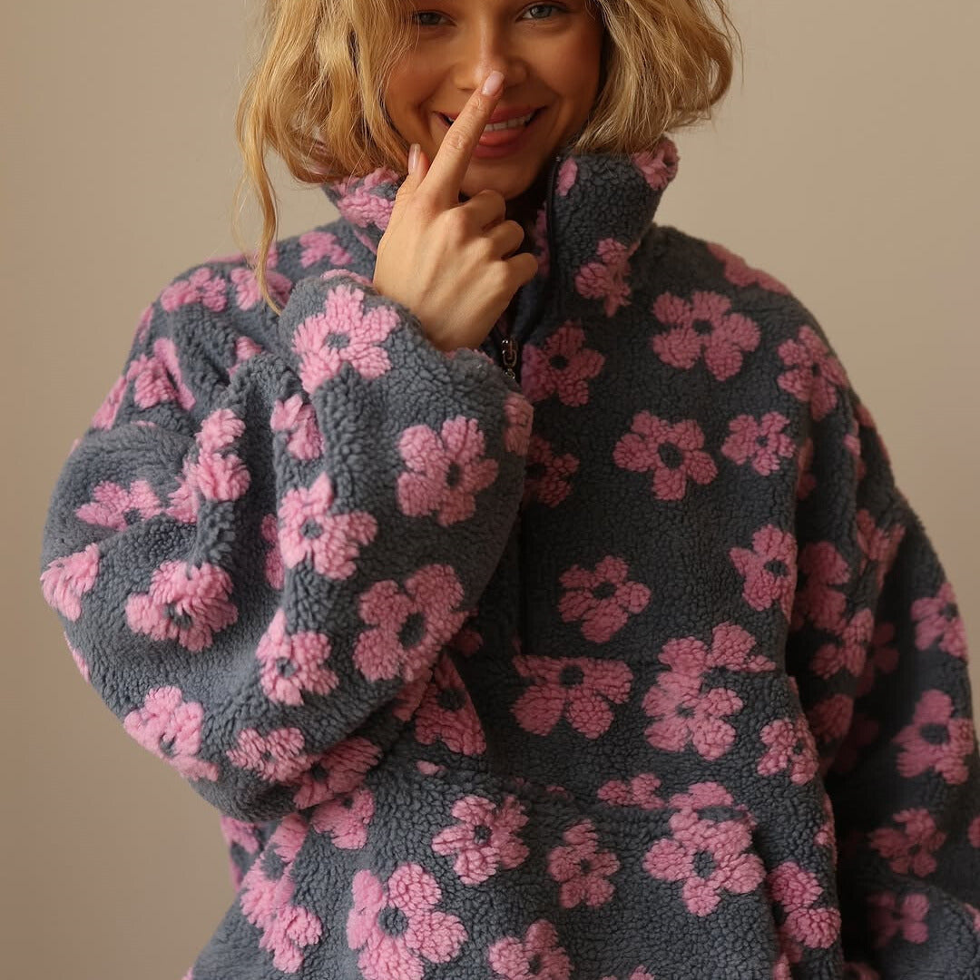 Dames Sherpa Trui met Bloemenprint – Zachte Boho Fleece voor Herfst & Winter 4