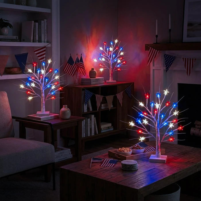 Tabletop Birch Tree Lamp – Red, White and Blue Stars on Lighted Branches