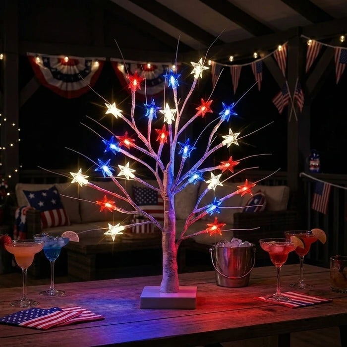 Tabletop Birch Tree Lamp – Red, White and Blue Stars on Lighted Branches