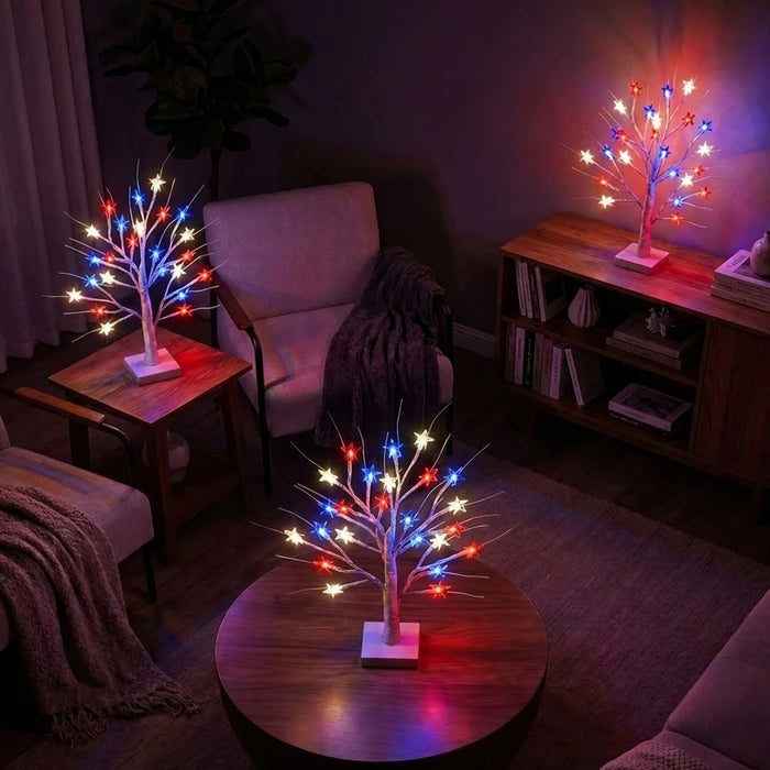 Tabletop Birch Tree Lamp – Red, White and Blue Stars on Lighted Branches