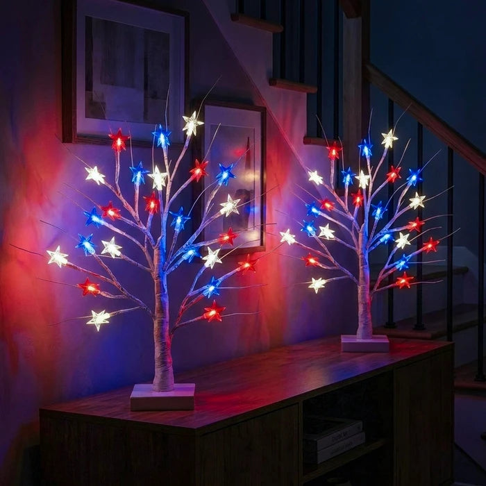 Tabletop Birch Tree Lamp – Red, White and Blue Stars on Lighted Branches