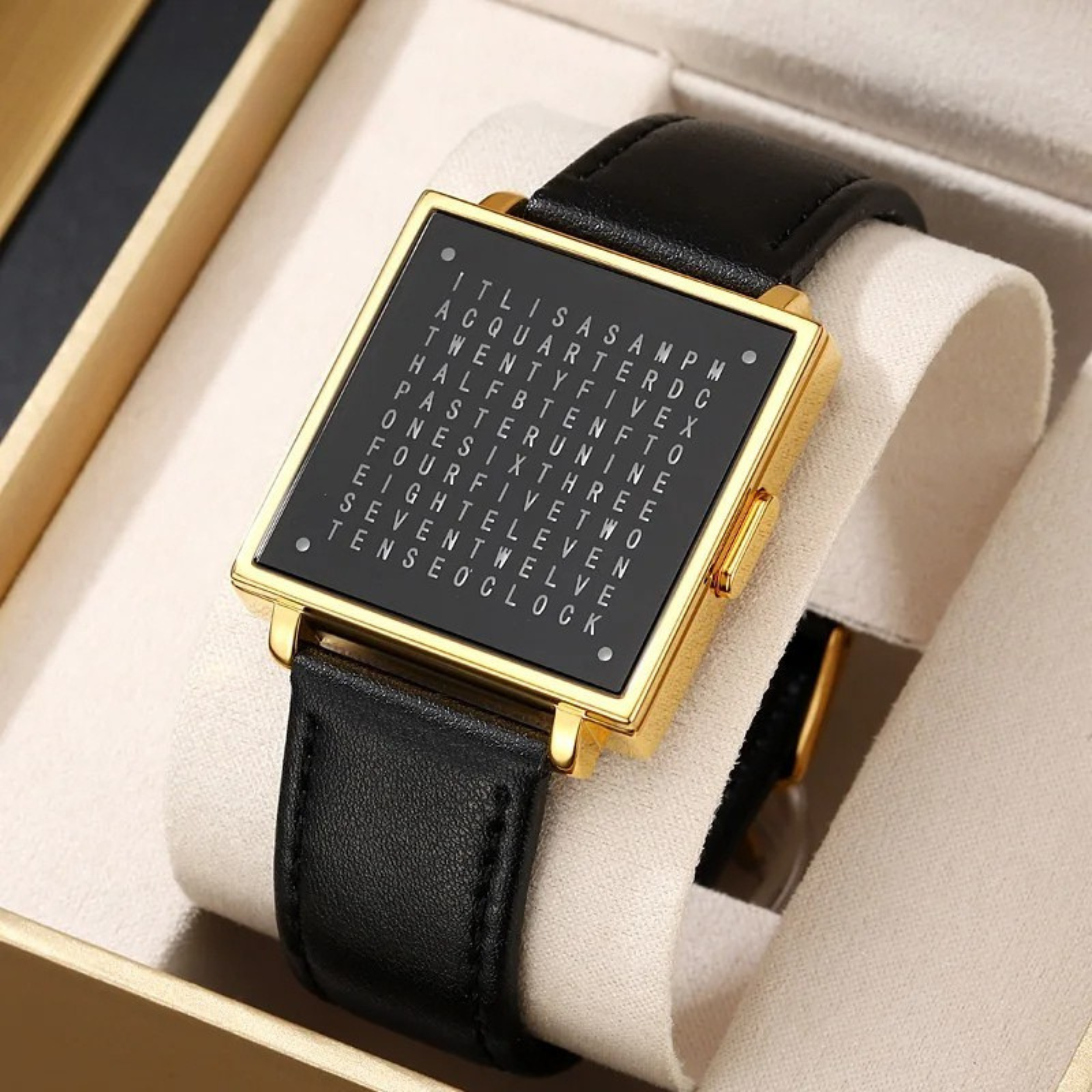 Digital Watch with LED Word Grid Display and Leather Strap for Men and Women 1
