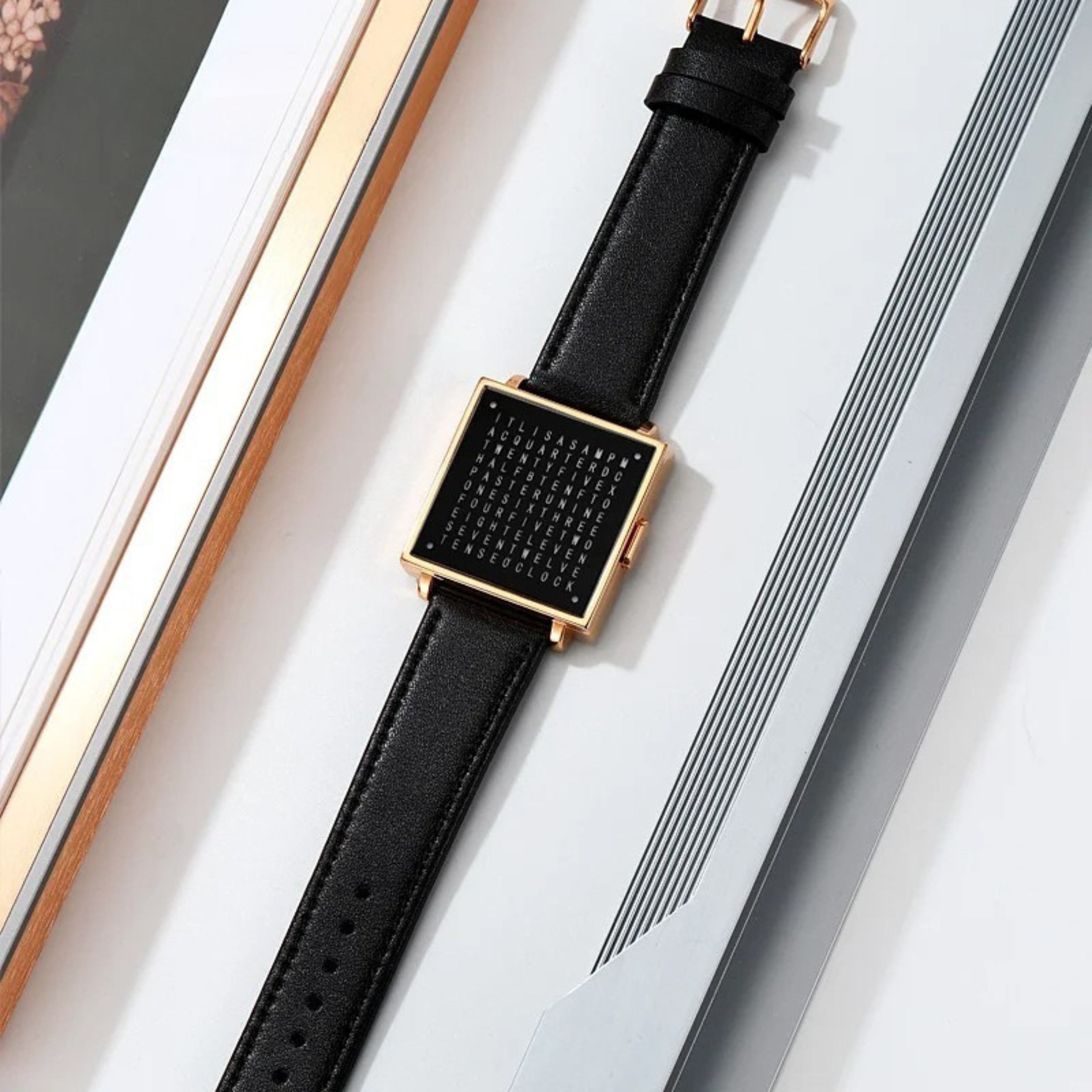 Digital Watch with LED Word Grid Display and Leather Strap for Men and Women 3