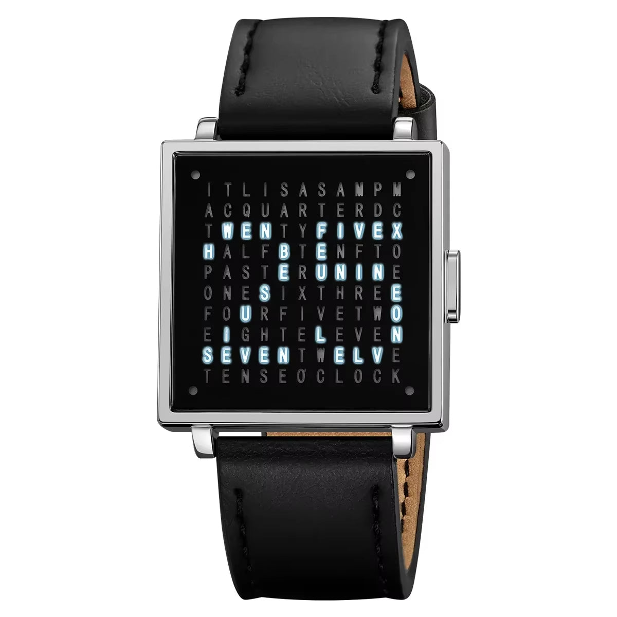 Digital Watch with LED Word Grid Display and Leather Strap for Men and Women 6