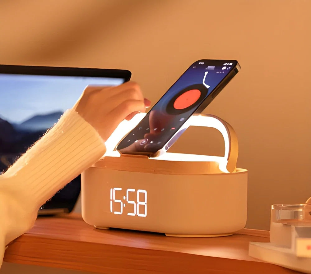 5-in-1 Wireless Charging Station – 15W Fast Charging, Clock Display, Speaker & Ambient Light