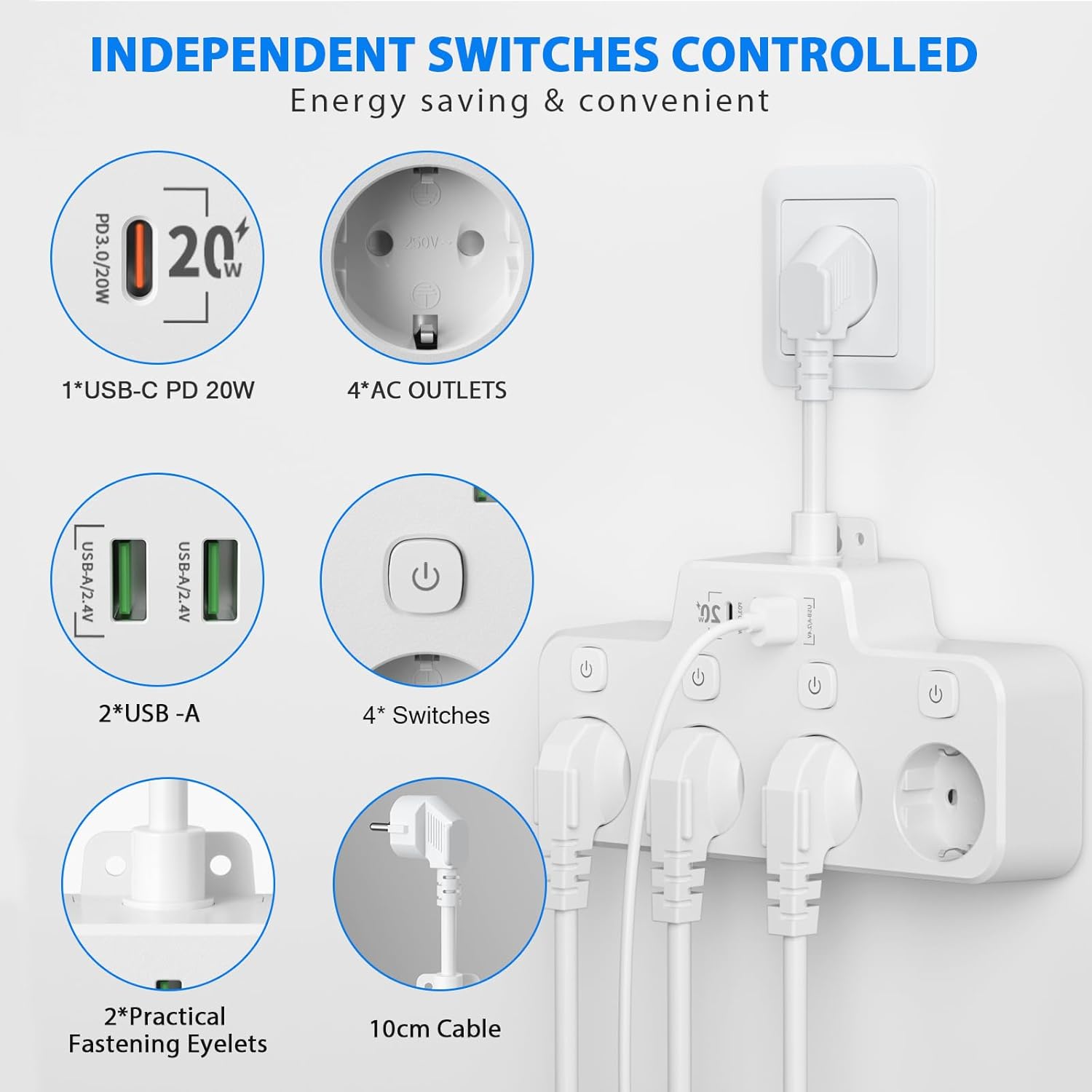 Multiprise Rotative – Rallonge Murale avec Interrupteurs Indépendants & Ports USB