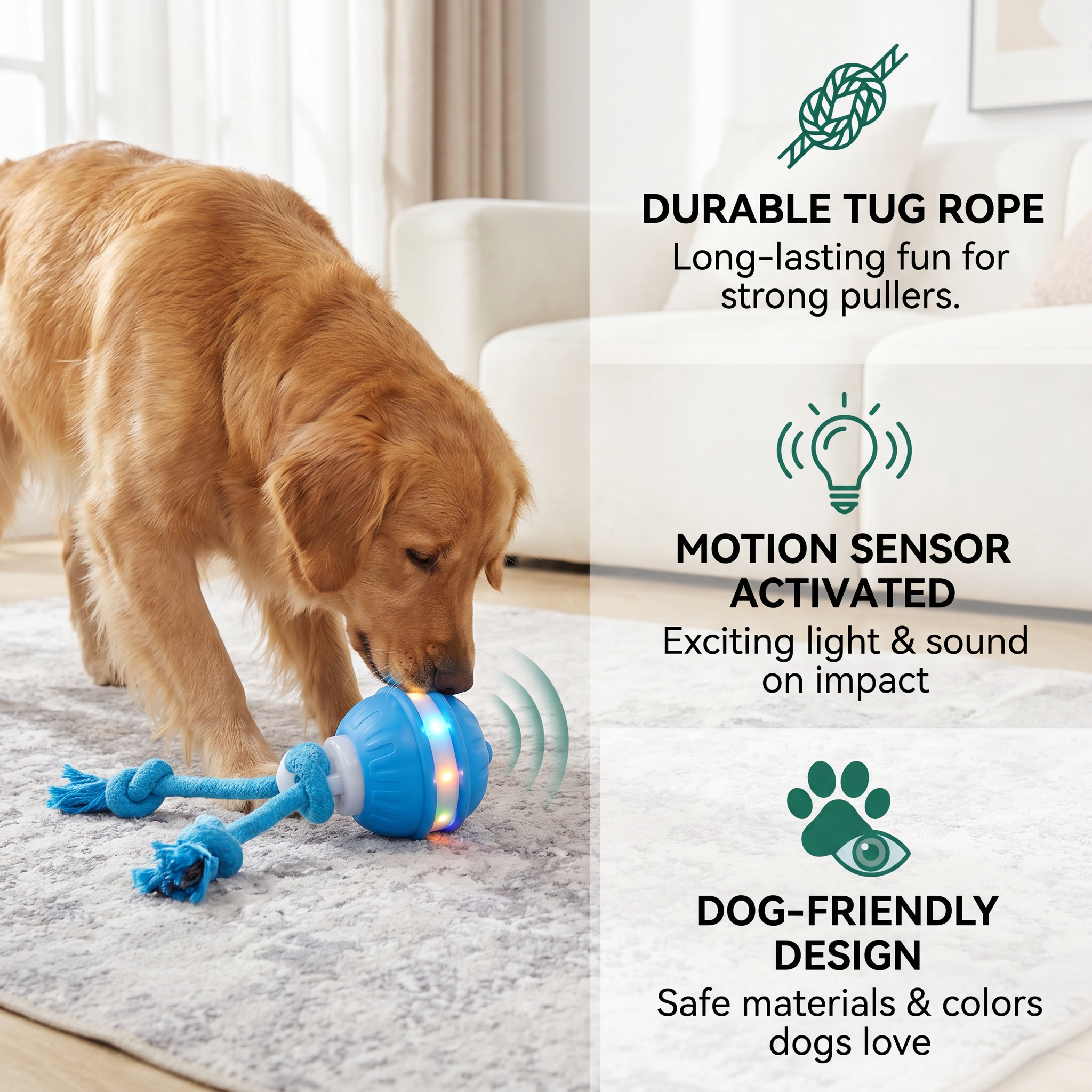 Durable Dog Play Ball with Motion Sensor and Tug Rope in Dog-Friendly Colours 3