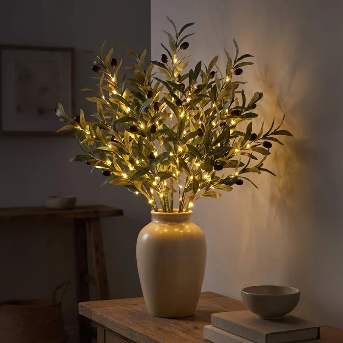 Lighted Olive Branch – Artificial Olive Stems with Built-In Warm Light for Vases