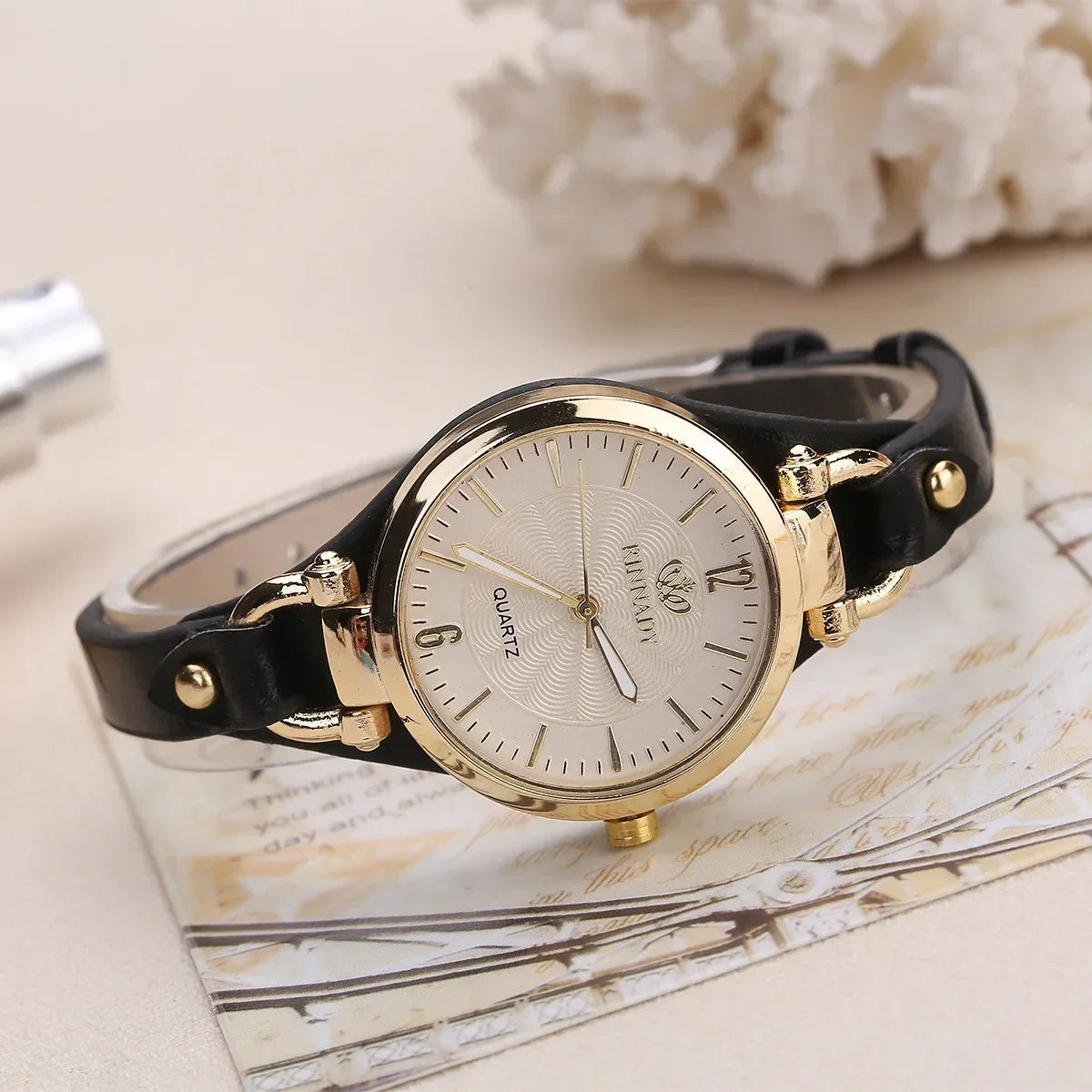 Elegant Quartz Watch with Gold-Plated Bezel and Vegan Leather Strap 6