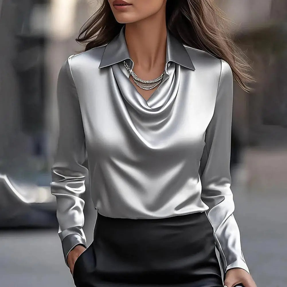 Elegant Satin Blouse with Draped Cowl Neckline and Swing Collar, Lightweight Silk-Cotton Blend 2